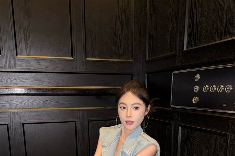 Lace Layered High Button-Up Denim / Midi Vest Rise Skirt A-Line Washed