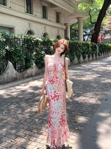Strap Mermaid Spaghetti Floral Midi Dress Print