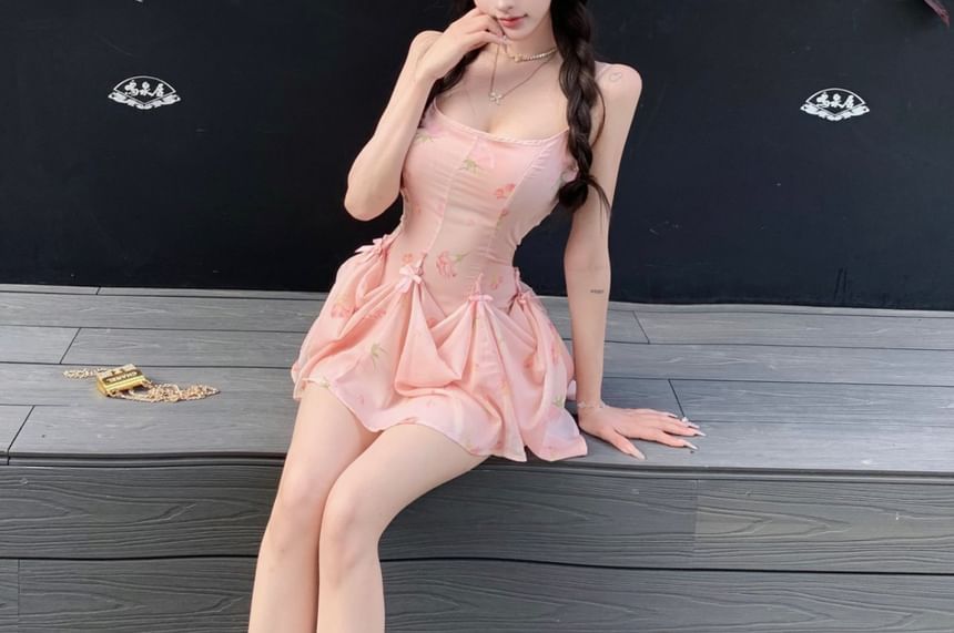 Mini Spaghetti Floral Dress Print A-Line Strap Shirred