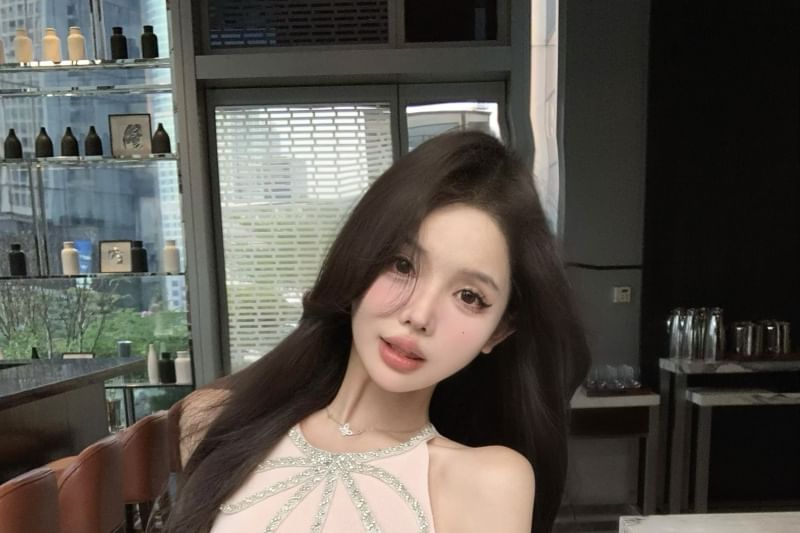 Dress Bow A-Line Mini Halter-Neck Slit Rhinestone