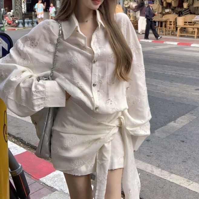 Mini Button-Up Dress Embroidered Floral Puff-Sleeve Tie-Side A-Line