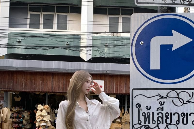 Mini Button-Up Dress Embroidered Floral Puff-Sleeve Tie-Side A-Line