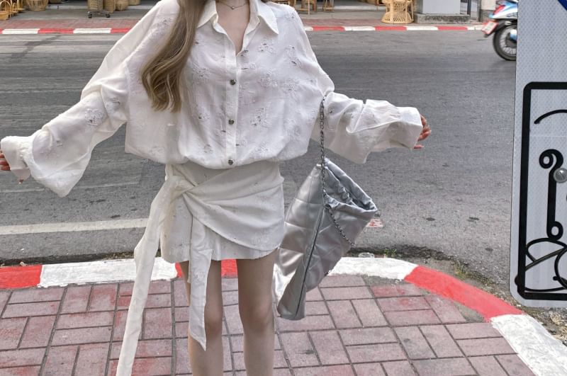 Mini Button-Up Dress Embroidered Floral Puff-Sleeve Tie-Side A-Line