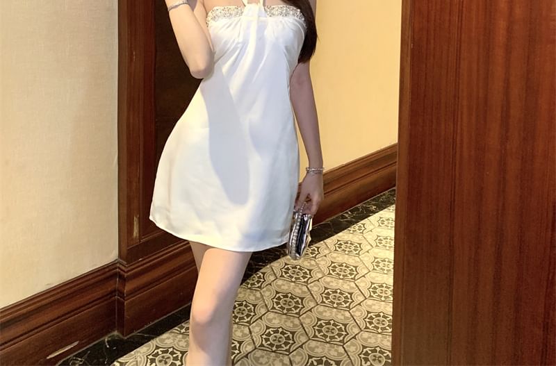 Rhinestone Halter-Neck Mini Dress A-Line Satin