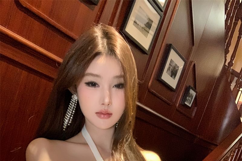 Rhinestone Halter-Neck Mini Dress A-Line Satin