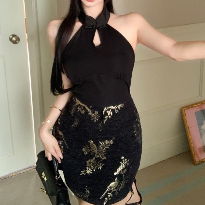 Dress Jacquard Mini Halter-Neck Keyhole Bodycon Floral