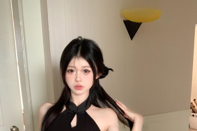 Dress Jacquard Mini Halter-Neck Keyhole Bodycon Floral