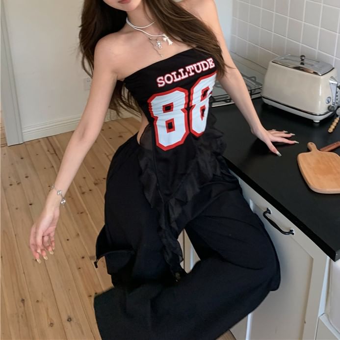 Numbering Tube / Leg High Pants Ruffled Waist Wide Top