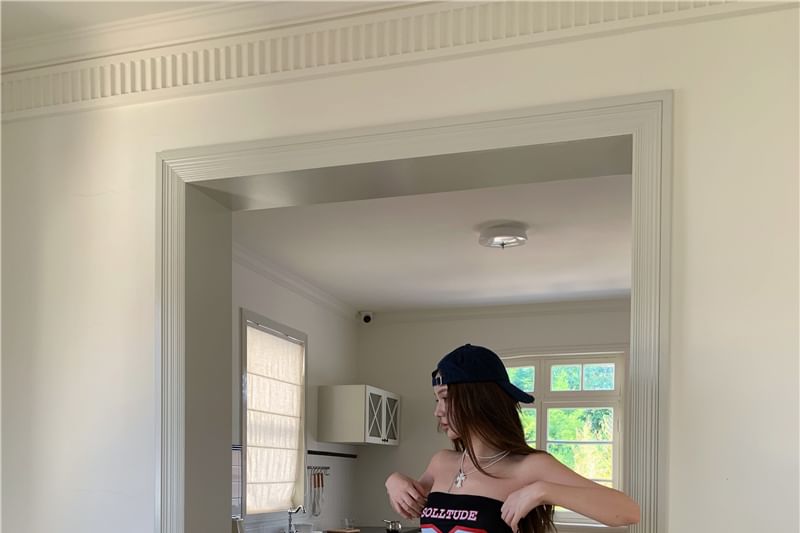 Numbering Tube / Leg High Pants Ruffled Waist Wide Top