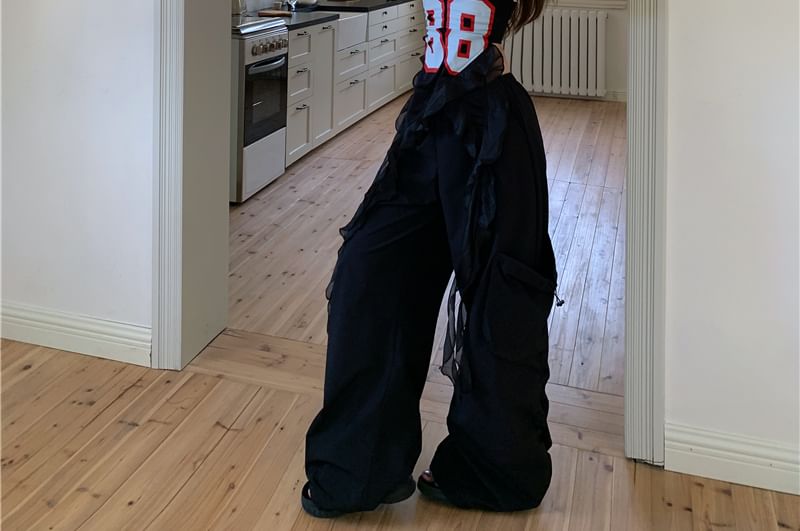 Numbering Tube / Leg High Pants Ruffled Waist Wide Top