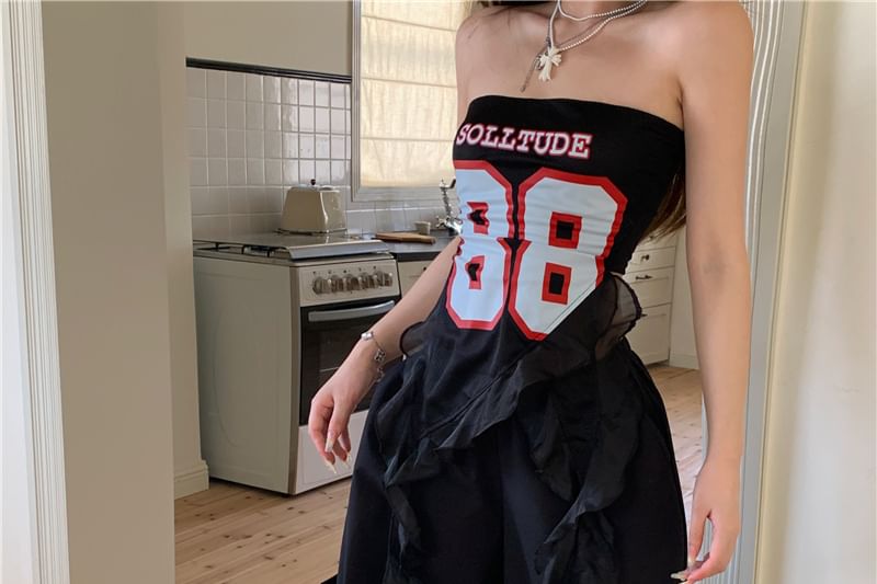 Numbering Tube / Leg High Pants Ruffled Waist Wide Top