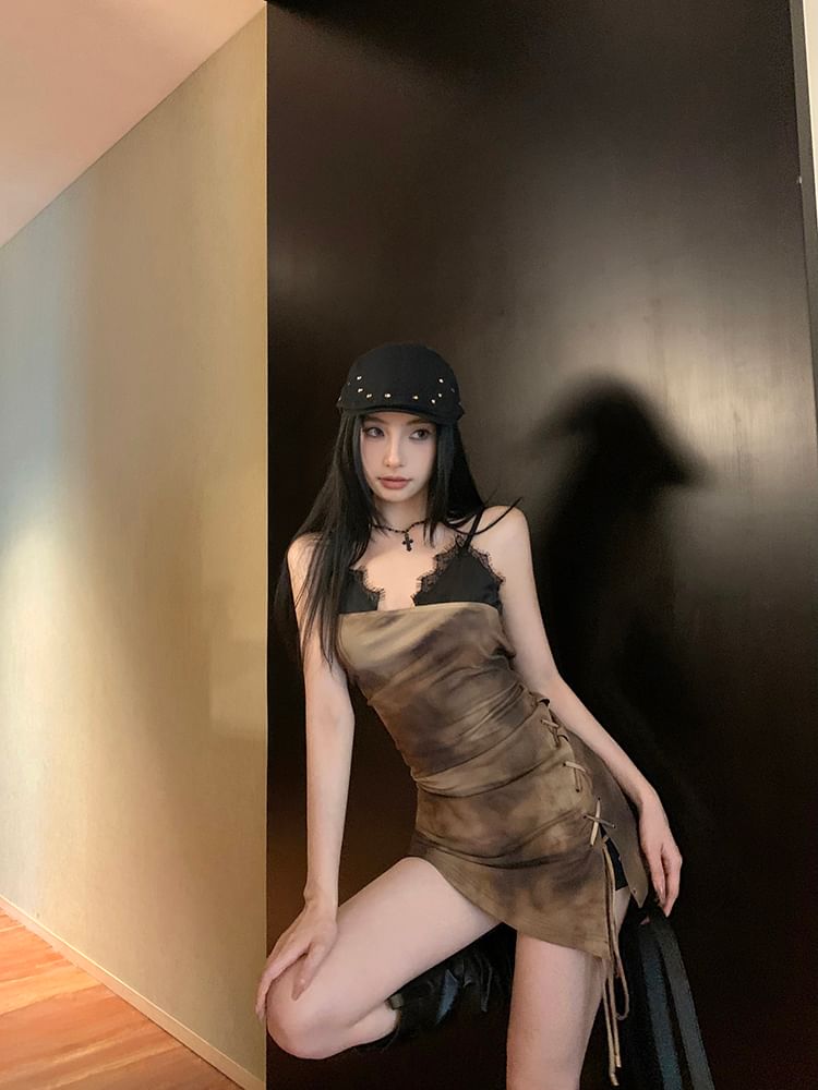 Dress Trim Lace Mini Strap Tie-Dyed Spaghetti Drawstring Bodycon