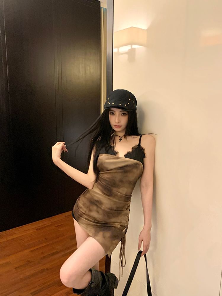 Dress Trim Lace Mini Strap Tie-Dyed Spaghetti Drawstring Bodycon