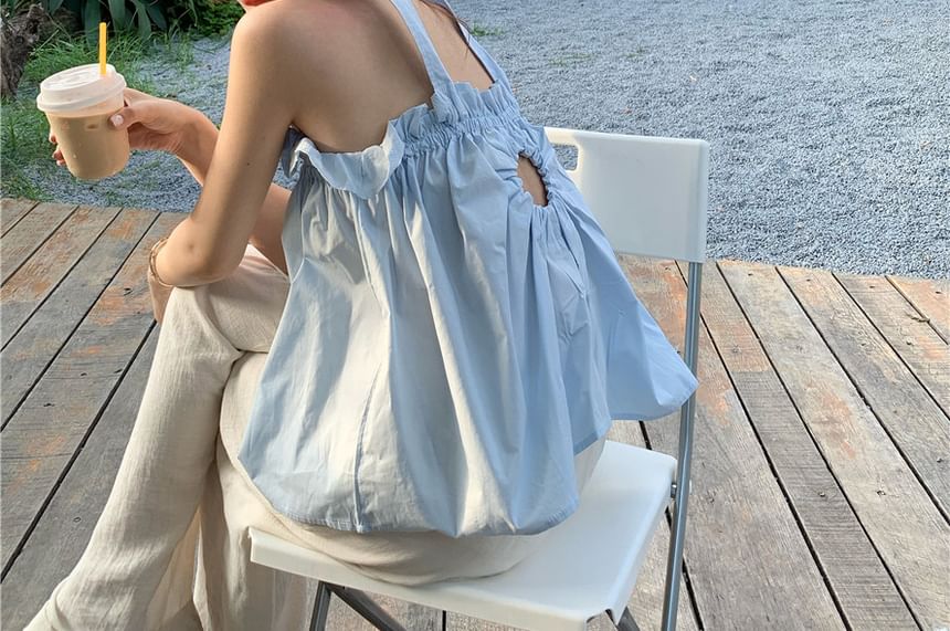 Ruffled Back Top Plain Camisole Open Balloon Keyhole