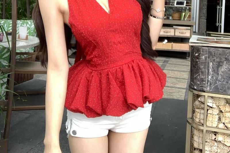 Plain Ruffle Top Halter-Neck Hem Dotted