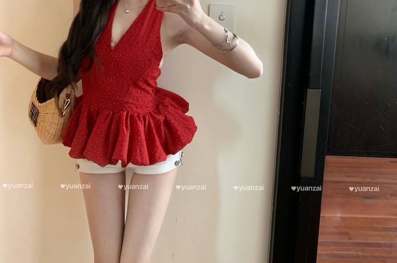 Plain Ruffle Top Halter-Neck Hem Dotted