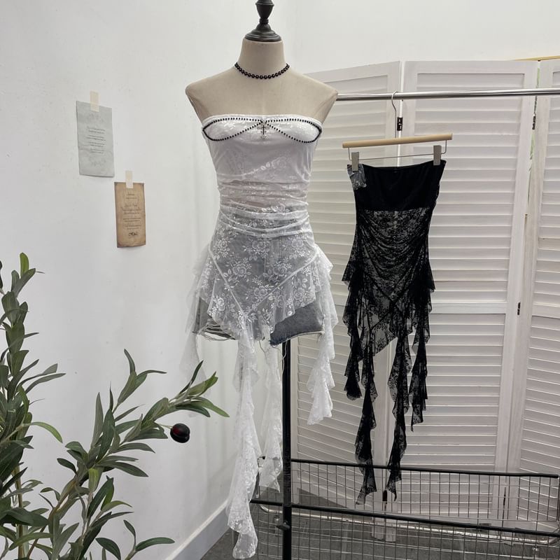 Asymmetric Ruffle Lace Tube Top with Beads
