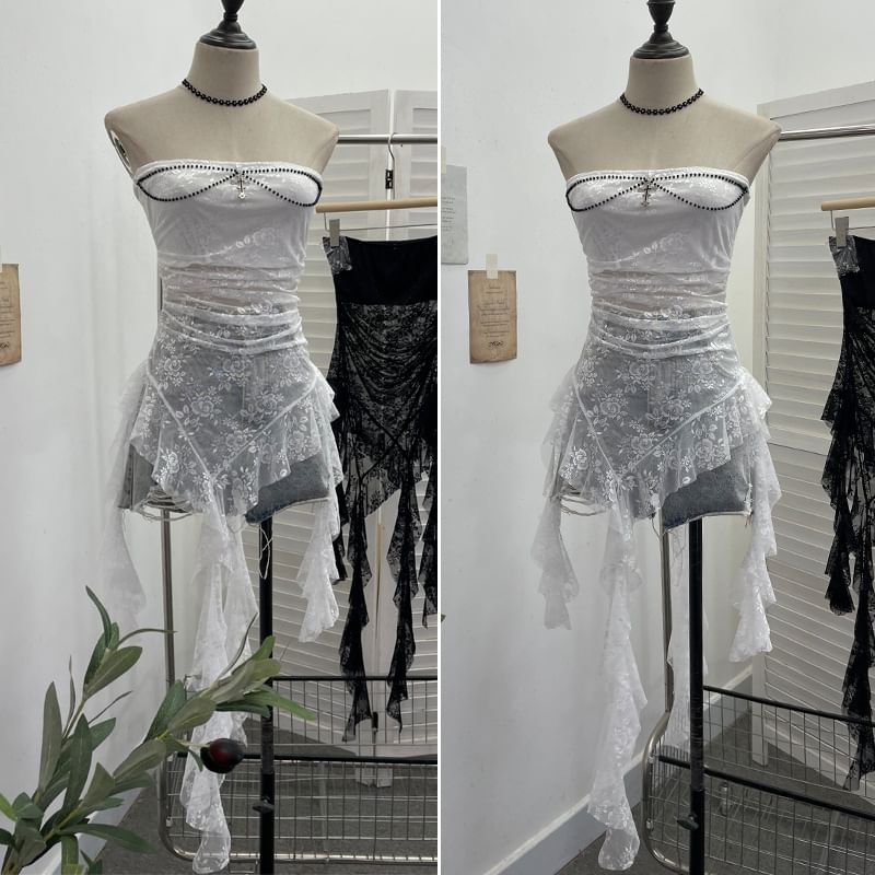 Asymmetric Ruffle Lace Tube Top with Beads
