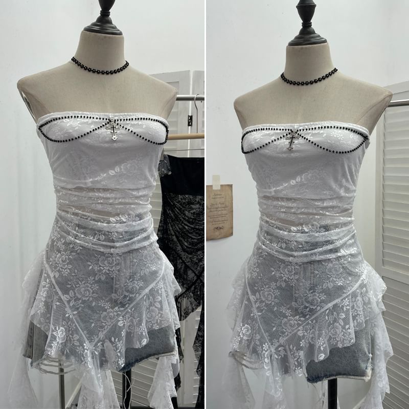 Asymmetric Ruffle Lace Tube Top with Beads