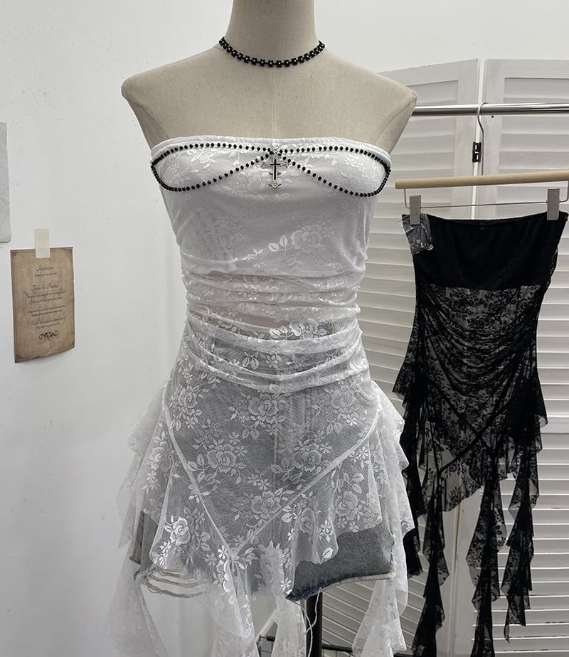 Asymmetric Ruffle Lace Tube Top with Beads