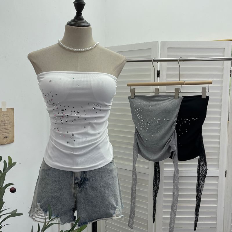 Rhinestone-Trimmed Lace Tube Top
