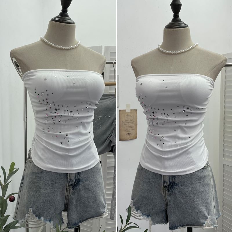 Rhinestone-Trimmed Lace Tube Top