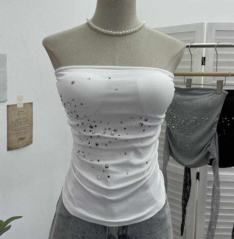 Rhinestone-Trimmed Lace Tube Top