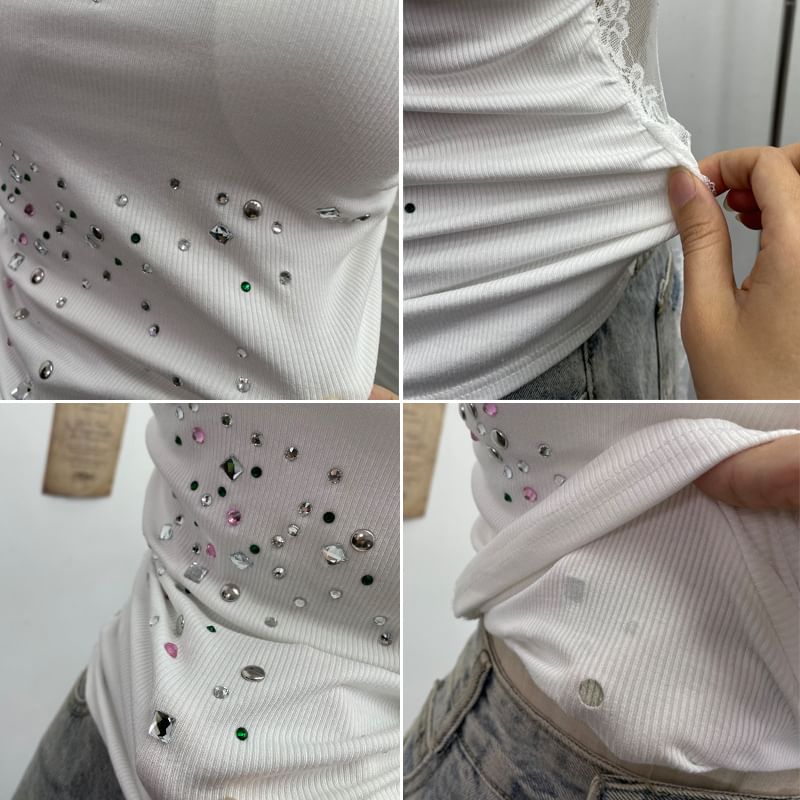 Rhinestone-Trimmed Lace Tube Top