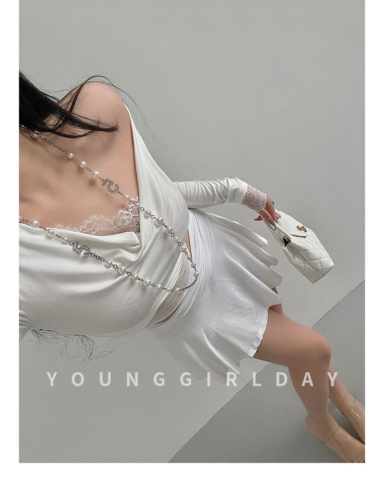 Off-Shoulder Ruched Crop Top with Lace Panels