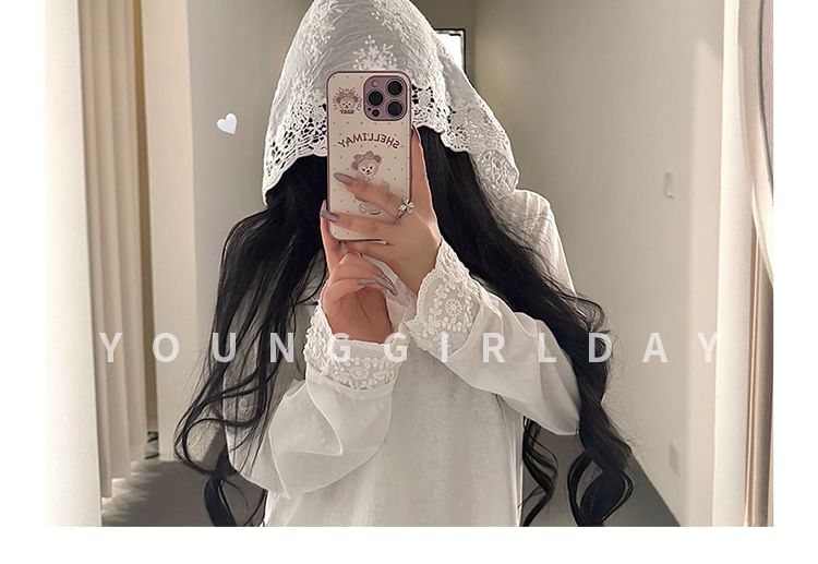 Hooded Long-Sleeve Top with Lace Accents