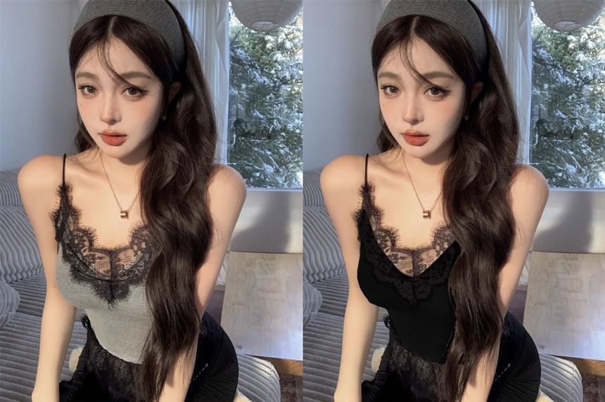 Ribbed V-Neck Lace Crop Cami - LaceLux