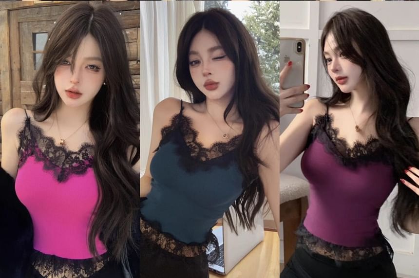 Ribbed V-Neck Lace Crop Cami - LaceLux