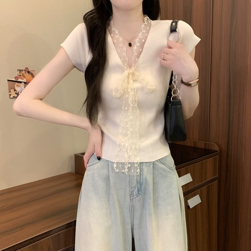 Tie-Front Lace Knit Top with V-Neckline