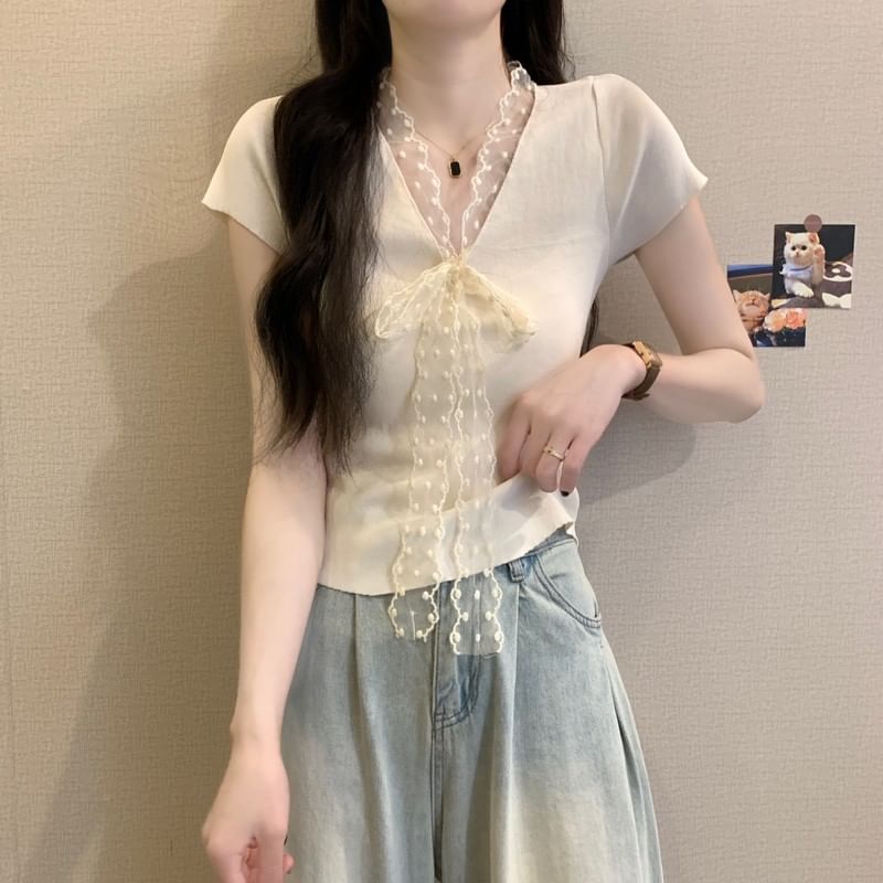 Tie-Front Lace Knit Top with V-Neckline