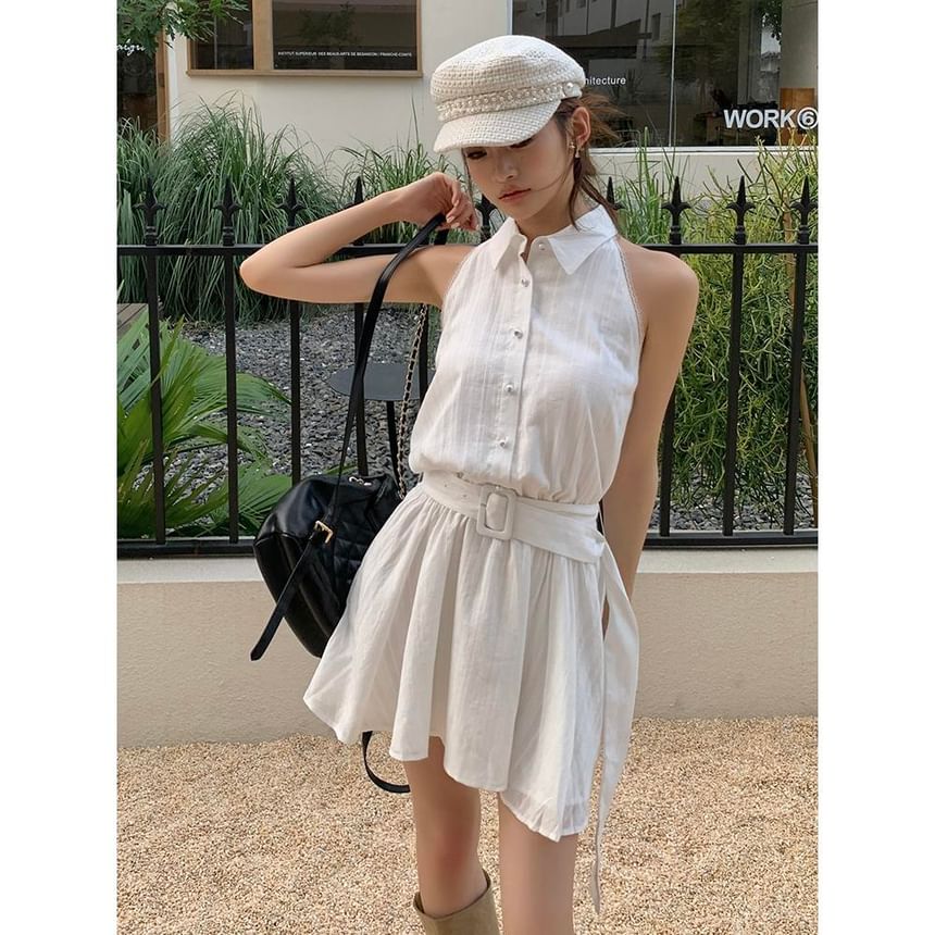 Dress Belted Striped A-Line Mini Collared Sleeveless