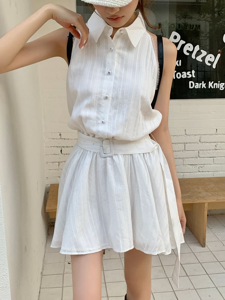 Dress Sleeveless Striped A-Line Mini Collared Belted