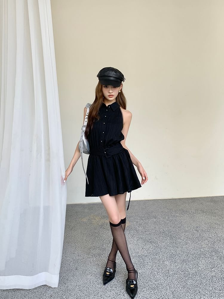 Dress Belted Striped A-Line Mini Collared Sleeveless