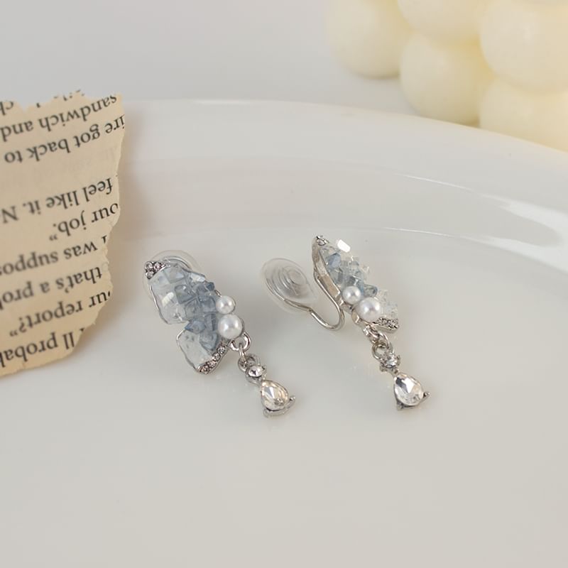 Pearl / Drop Clip-On Rhinestone Faux Earring Butterfly