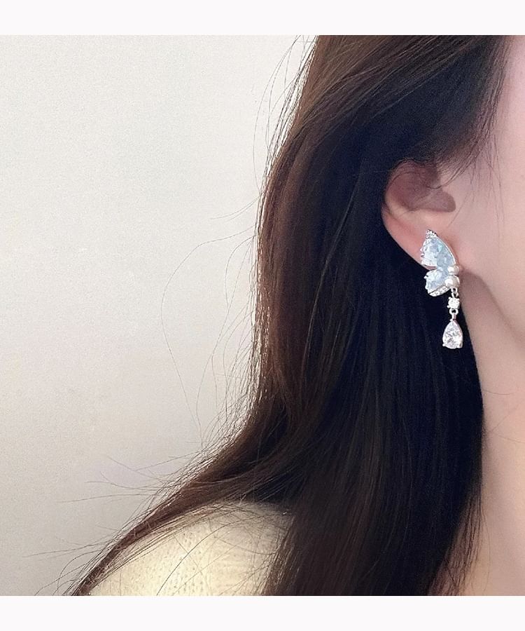 Pearl / Drop Clip-On Rhinestone Faux Earring Butterfly