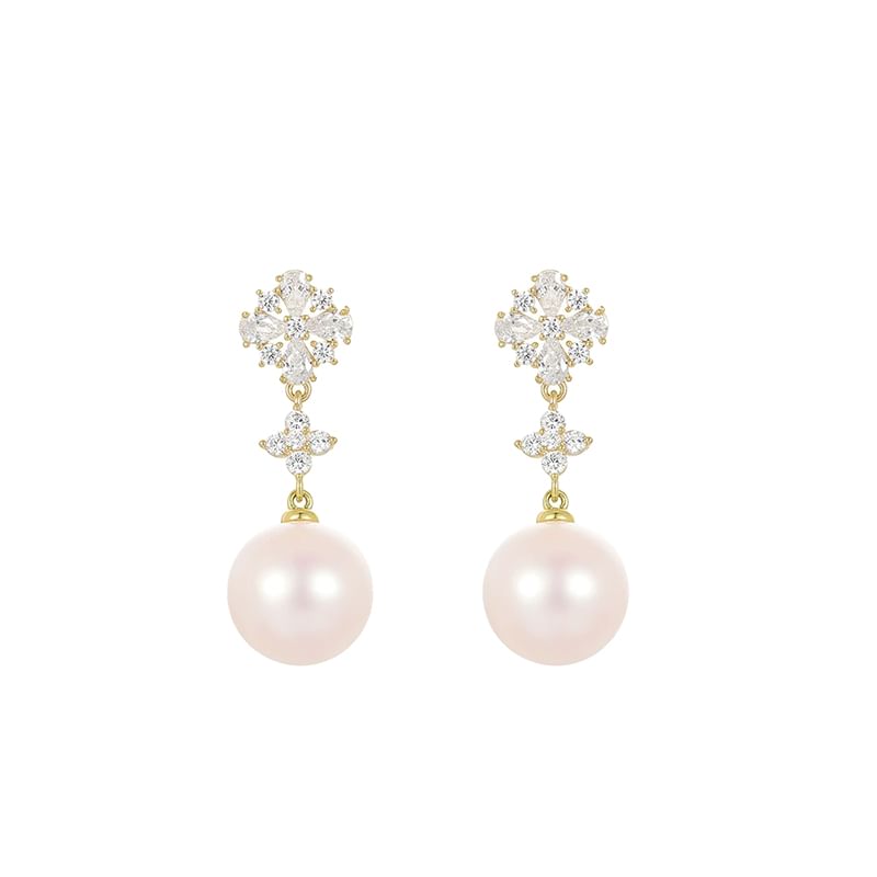 Clip-On Earring Flower Rhinestone / Pearl Faux Drop