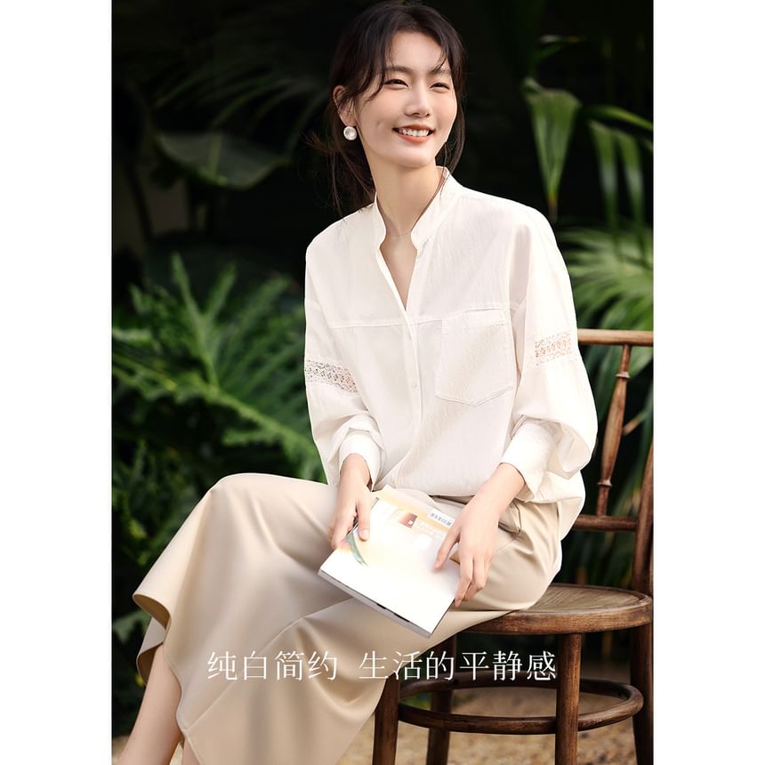 Stand-Collar Long-Sleeve Lace Blouse - LaceLux