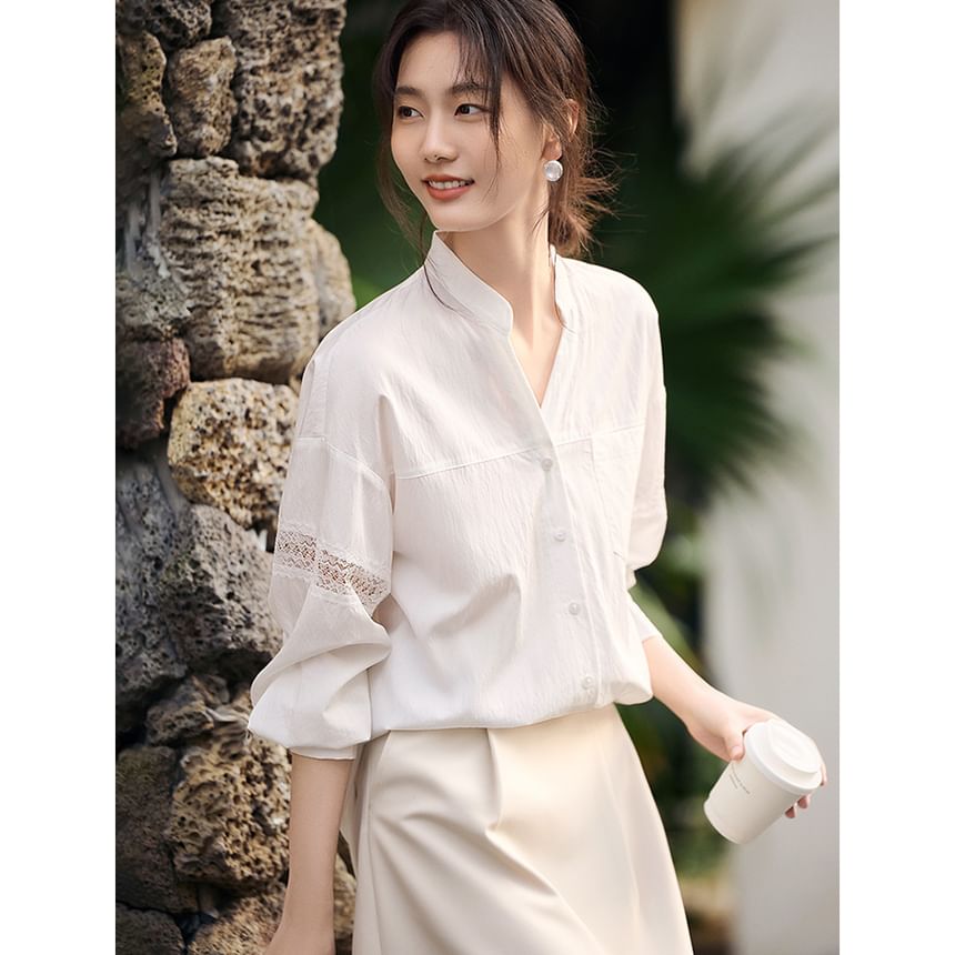 Stand-Collar Long-Sleeve Lace Blouse - LaceLux