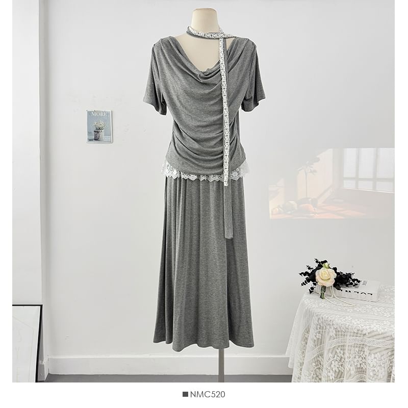 Cowl-Neck Ruched Top with Maxi Skirt Set - LaceLux