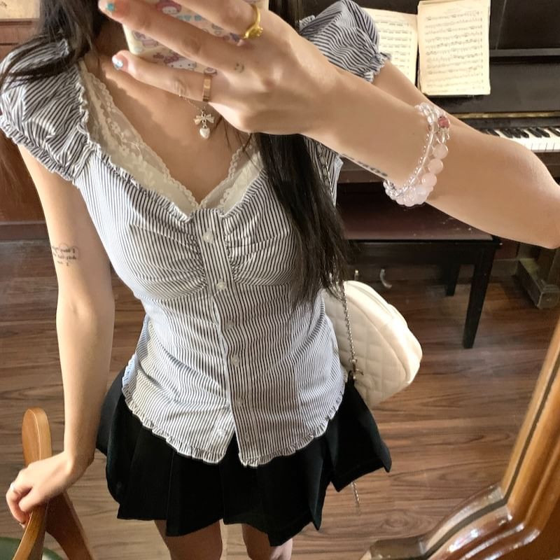 Striped Button-Up and Lace Top Duo - LaceLux