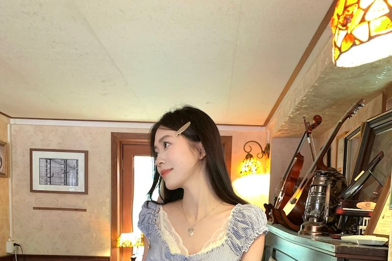 Striped Button-Up and Lace Top Duo - LaceLux