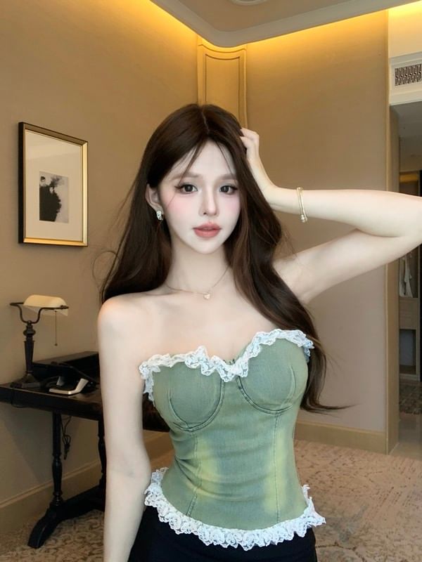 Strapless Denim Bustier with Lace Trim - LaceLux