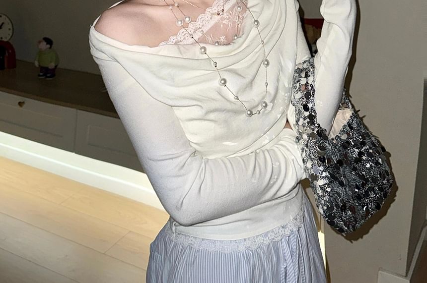 Off-Shoulder Lace Panel T-Shirt with Long Sleeves