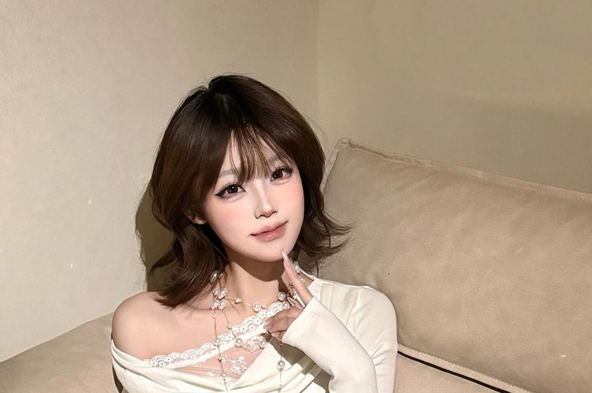 Off-Shoulder Lace Panel T-Shirt with Long Sleeves