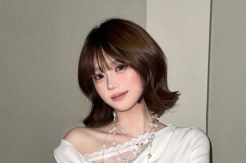 Off-Shoulder Lace Panel T-Shirt with Long Sleeves
