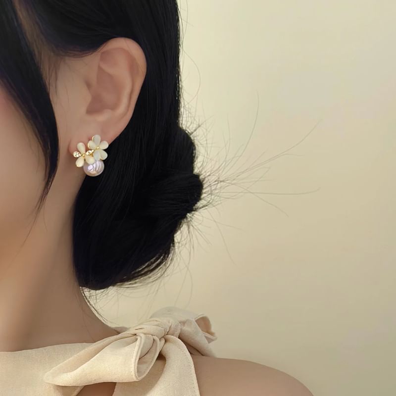 Ear / Eye Faux Earring Cuff Designs) Cat Stone Alloy (Various Floral Pearl Stud